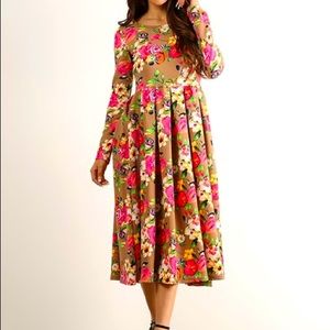 Beautiful Taupe & Pink Floral Pleated Midi Tea Dress by Pretty Young Thing